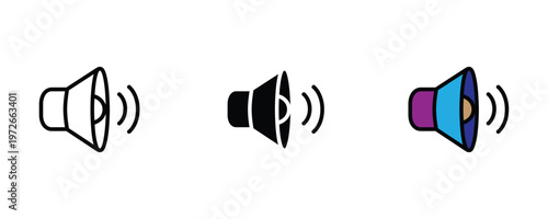 Audio speaker volume icon set in line art, solid black, and vibrant color for sound systems, multimedia controls, and music player interfaces. Vector Illustration.