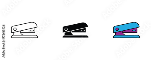 Office stapler icon set in line art, solid black, and blue color for stationery, paper binding, and school supplies concepts. Vector Illustration.