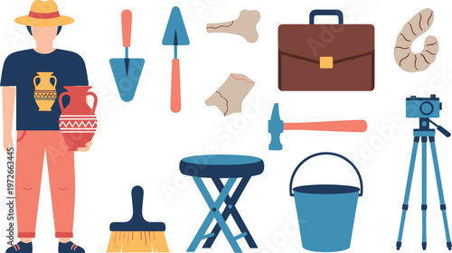 Archaeology tools and researcher character with ancient artifacts excavation equipment illustration set including brush shovel camera bucket and fossils