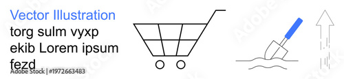 E-commerce, agriculture, online shopping, growth, gardening, retail. A shopping cart, trowel digging soil and an upward arrow displayed in a clean minimal style. E-commerce and agriculture concepts