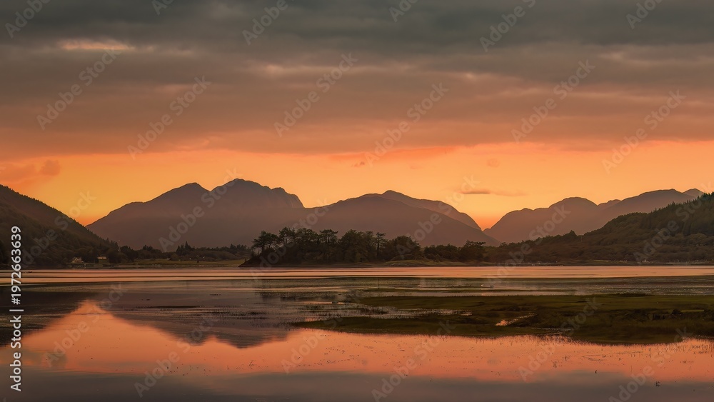 Fototapeta premium Early morning autumn sunrise across Loch Leven in Glencoe, Scotland, UK