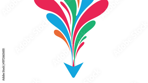 Abstract colorful liquid splash shaped like a downward pointing arrow on a clean white background for information data.