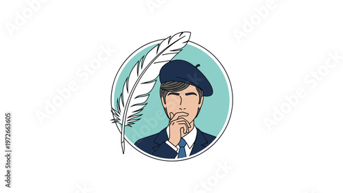 Portrait of a pensive male writer or artist with a large white quill pen symbol on a turquoise circular background.