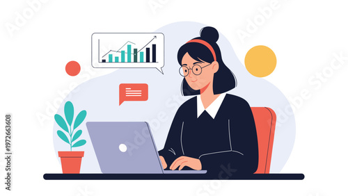 Professional young woman with glasses working on laptop computer while analyzing business growth charts and messages in home office setting.