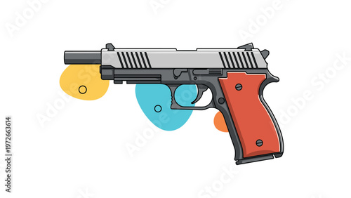 Detailed vector illustration of modern semi-automatic handgun with textured red grip and metallic finish against abstract colored shapes.