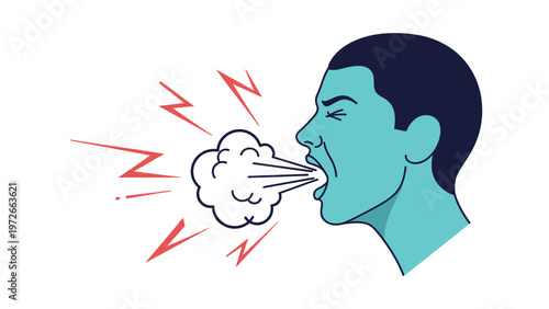 Expressive illustration of man coughing or shouting intensely with visible breath cloud and red lightning symbols signifying sound or pain.