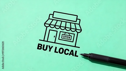Hand-drawn illustration of an open local store with a visible marker pen, promoting the 'buy local' message to encourage community support and small business.