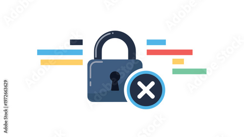 Digital security illustration of sturdy blue padlock with red cross icon signifying access denied or security breach on white background.