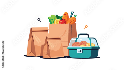 Assortment of brown paper grocery bags filled with fresh produce alongside teal lunch box containing sliced food in clean graphic style.