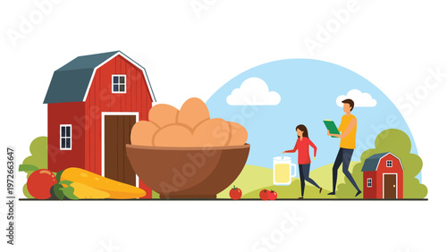 Whimsical farm scene illustration featuring large red barns, oversized bowl of eggs, fresh vegetables, and people working in rolling hills.