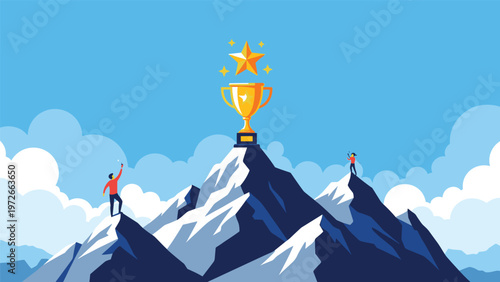 Motivational illustration of two people scaling steep mountain peaks to reach giant gold trophy with glowing stars against blue sky.