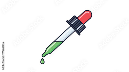 Clinical vector illustration of glass medicine dropper with red rubber bulb and single drop of green liquid against white background.