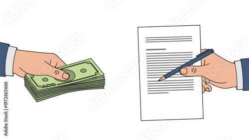 Business transaction illustration depicting two hands exchanging thick stack of dollar bills for signed contract with pen on white background.