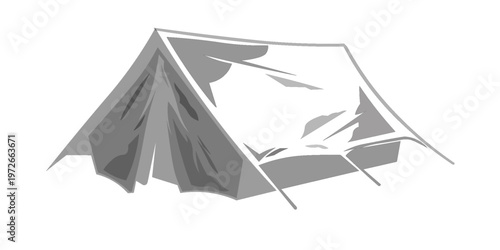 Classic vintage camping tent for trip journey travel adventure, on isolated white background. Retro booth camping and mountain exploring. Custom graphic print design vector engraving illustration.