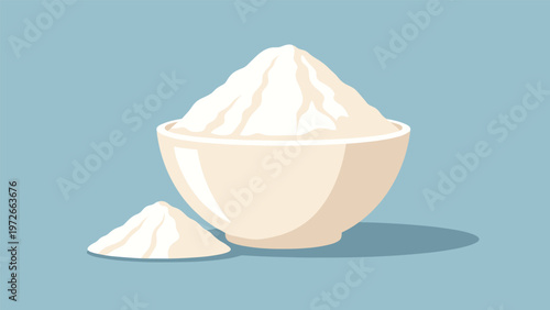 Large ceramic bowl filled with fine white powder sits beside a small heap on a solid light blue background color.