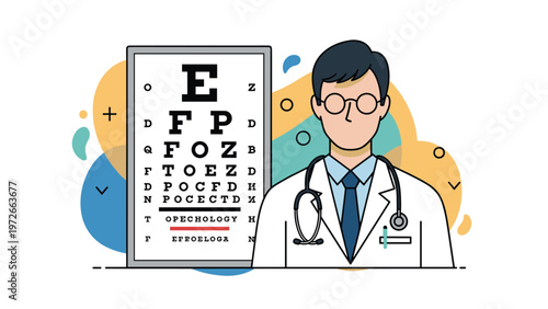 Male ophthalmologist stands in a white lab coat with a stethoscope in front of a medical eye examination chart.