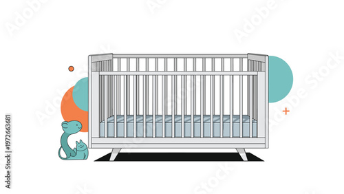 Modern white wooden baby crib with a grey mattress stands against a background of colorful decorative circles.