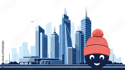 Smiling cartoon character wearing a red knit hat stands before a blue monochromatic urban city skyline silhouette.