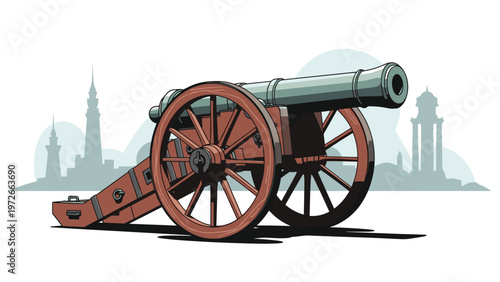Vintage large iron cannon on wooden wheels stands prominently against a light blue cityscape silhouette background.