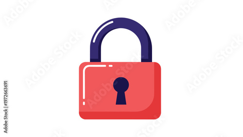 Simple red padlock with a dark blue shackle and keyhole is isolated against a clean white background illustration.