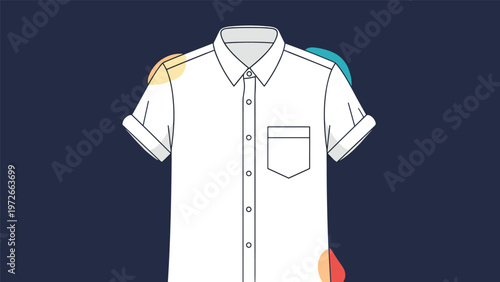 Short sleeve white button down shirt with a front pocket is shown against a dark blue background with abstract shapes.