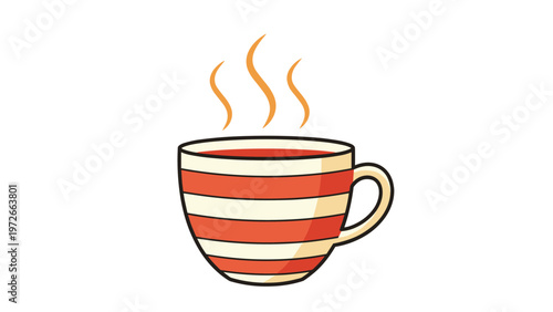 Hot cup of tea or coffee with red and white horizontal stripes and steam rising from it in a flat illustration.