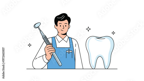 Smiling male dentist holding a dental mirror tool stands next to a large white shiny clean human tooth icon.