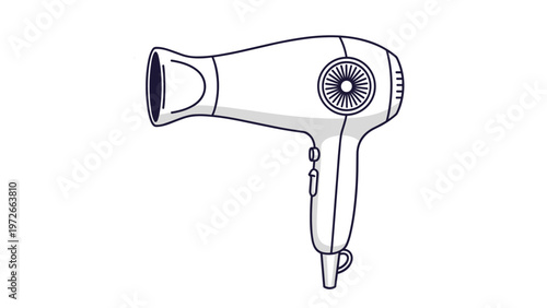Simple white hair dryer with black accents and a cord handle is isolated on a plain white background drawing.