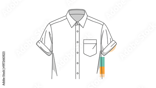 White short sleeve button down shirt with rolled sleeves and a chest pocket is shown on a white background image.