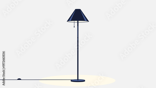 Modern floor lamp with a black lampshade stands on a plain light background while creating a soft circular glow on the floor.