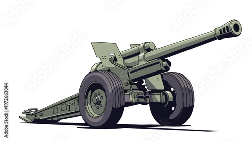 Large olive green military field gun or howitzer with heavy tires and a long barrel is positioned on a plain white background.