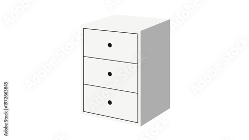 Small white three drawer bedside table or office cabinet is shown in a simple perspective on white background.