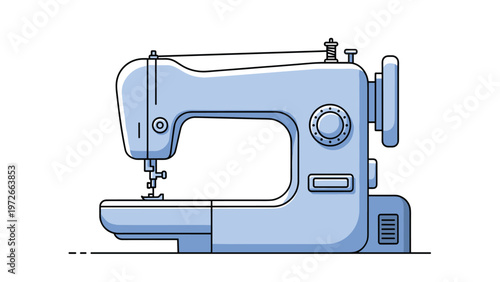 Light blue vintage sewing machine illustration features clean lines and detailed mechanical parts on a white background.