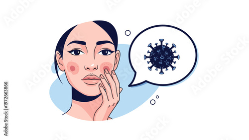 Portrait of a woman touching her face due to skin irritation sits next to a speech bubble containing a virus icon.