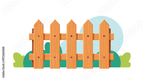 Simple wooden picket fence stands in front of green bushes and a stylized blue sky background in a flat illustration style.