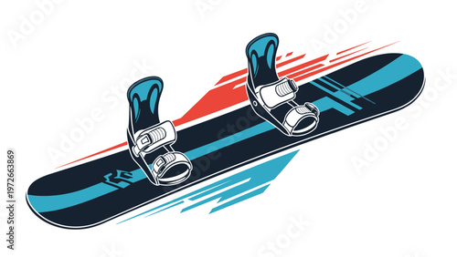 Stylish black and blue snowboard with bindings is shown at an angle with abstract red and blue graphic design elements.