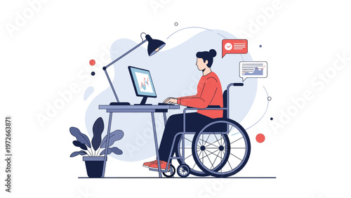 Woman in a wheelchair works diligently at a desk with a computer monitor showing data charts in a flat vector style.