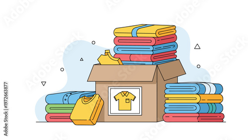 Cardboard box is filled with folded clothes and surrounded by stacks of colorful laundry ready for a donation program.