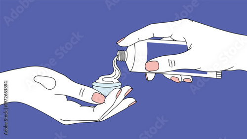 Close-up view shows hands squeezing a tube of white cream or moisturizing lotion into a small container on blue.