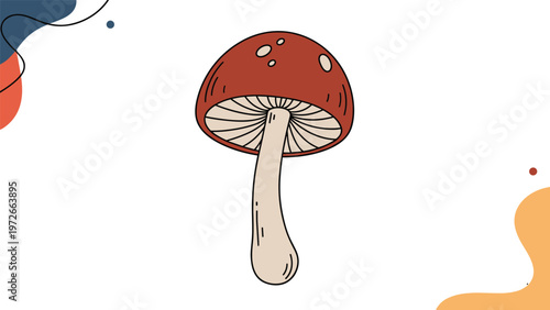 Detailed illustration of a red mushroom with white spots and a tall stem is shown on a decorative abstract background.