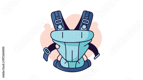 Blue baby carrier backpack illustration features adjustable straps and buckles designed for ergonomic infant transport.