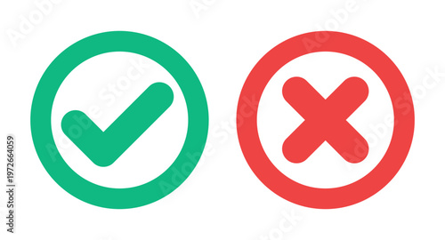 Green check mark and red cross x mark icons. Outline checkmark vector symbols with rounded corners for true or false, right or wrong decisions. Accept or decline checklist status validation sign.