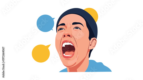 Portrait of a man with his mouth wide open in a loud scream is shown with colorful speech bubbles in the background.