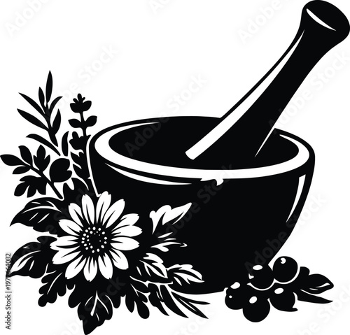 Vintage Herbal Mortar and Pestle with Flowers Black and White Botanical Illustration.