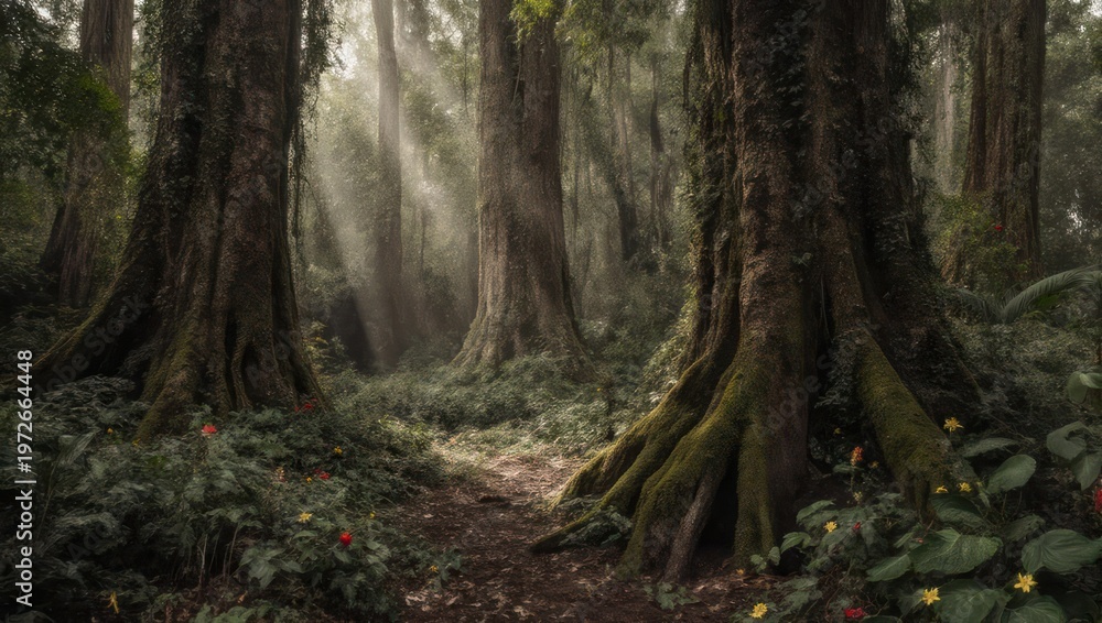 Obraz premium Sunlight streams through a lush forest path, illuminating tall trees and vibrant undergrowth