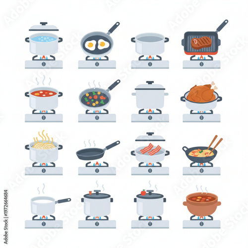 Flat cooking stove vector set in grid layout with pots pans and food preparation isolated on white