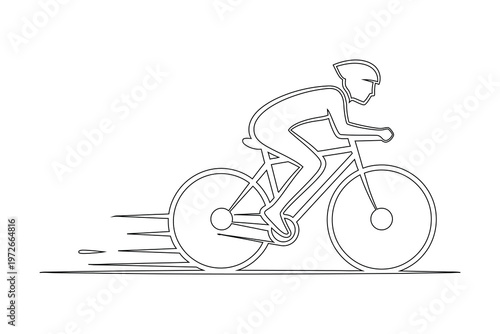 Continuous line drawing of cyclist riding bicycle fast on road track