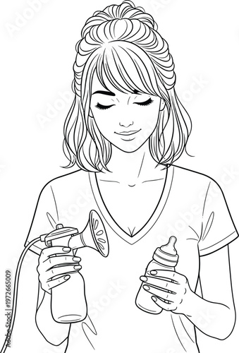 Breastfeeding mother using manual breast pump and milk bottle, maternal care illustration, lactation concept, motherhood nurturing, baby feeding preparation vector line art