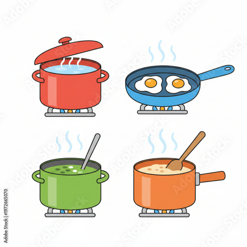 Cooking pots and pans on gas stove vector set with boiling frying and soup preparation in flat style