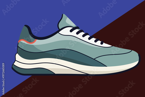 Teal and white athletic shoe with black laces and red accent